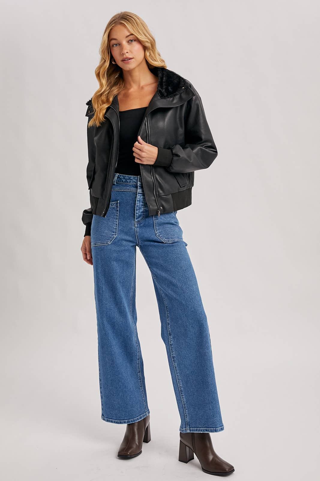 Bluivy - Wholesale Bomber Jacket - Women's - AVIATOR FAUX LEATHER AND FUR TRIMMED BOMBER JACKET12