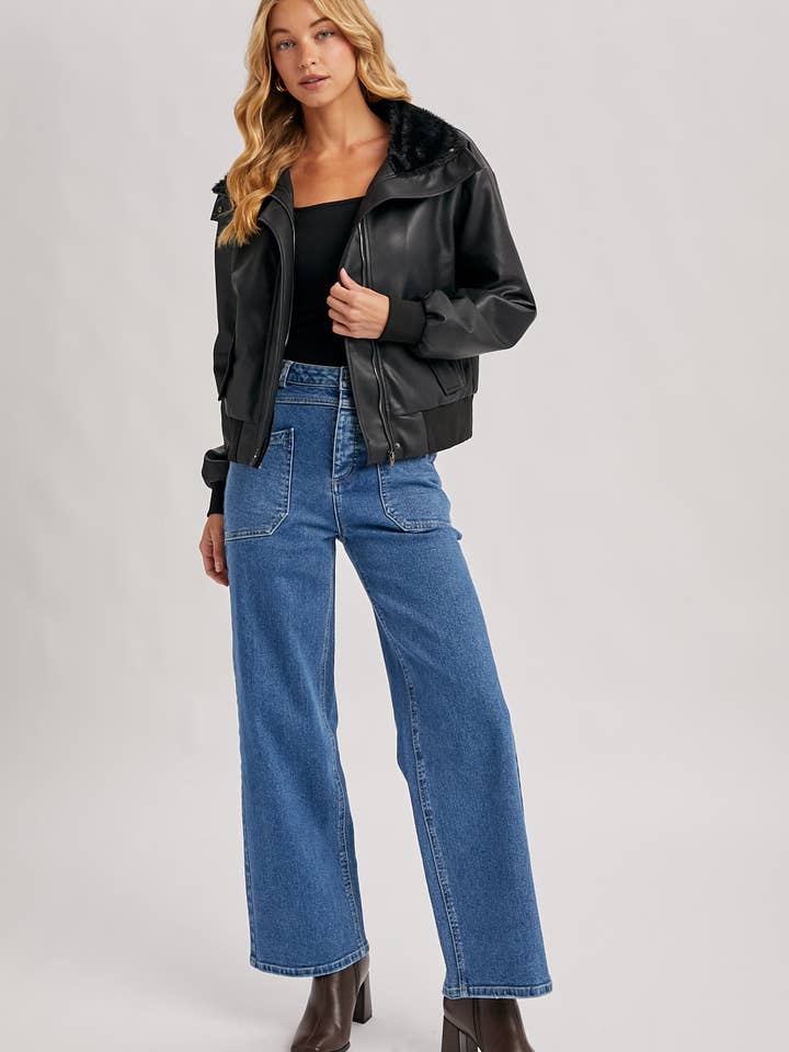 Bluivy - Wholesale Bomber Jacket - Women's - AVIATOR FAUX LEATHER AND FUR TRIMMED BOMBER JACKET12