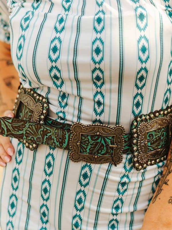 Turquoise Tooled Leather Square Concho Belt for wholesale by LUCKY & BLESSED