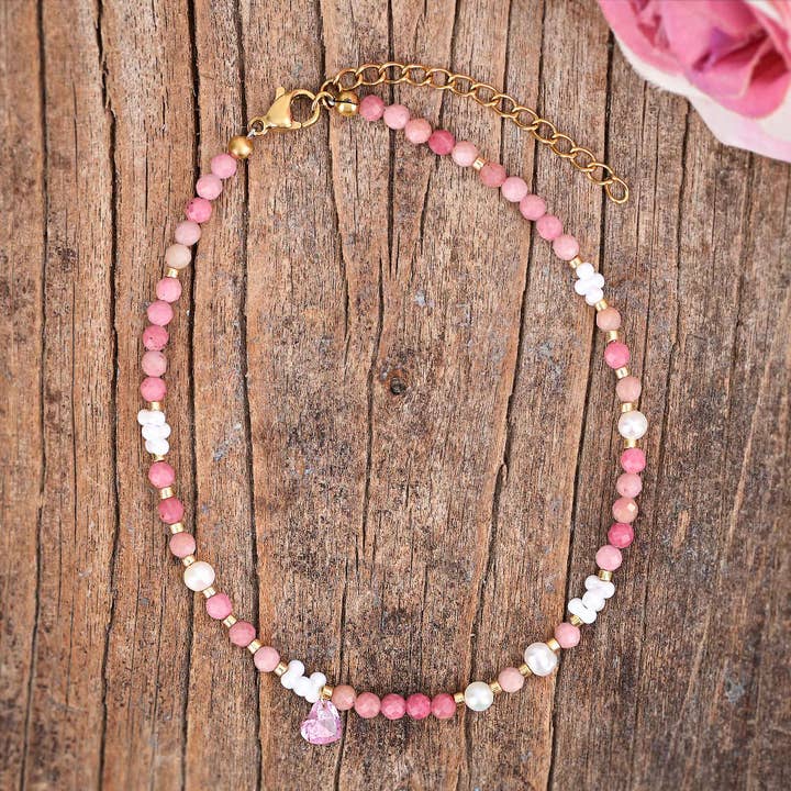 Natural Rhodonite & Pearl Beaded Anklet With Heart Crystal for wholesale by Free Spirit Shop