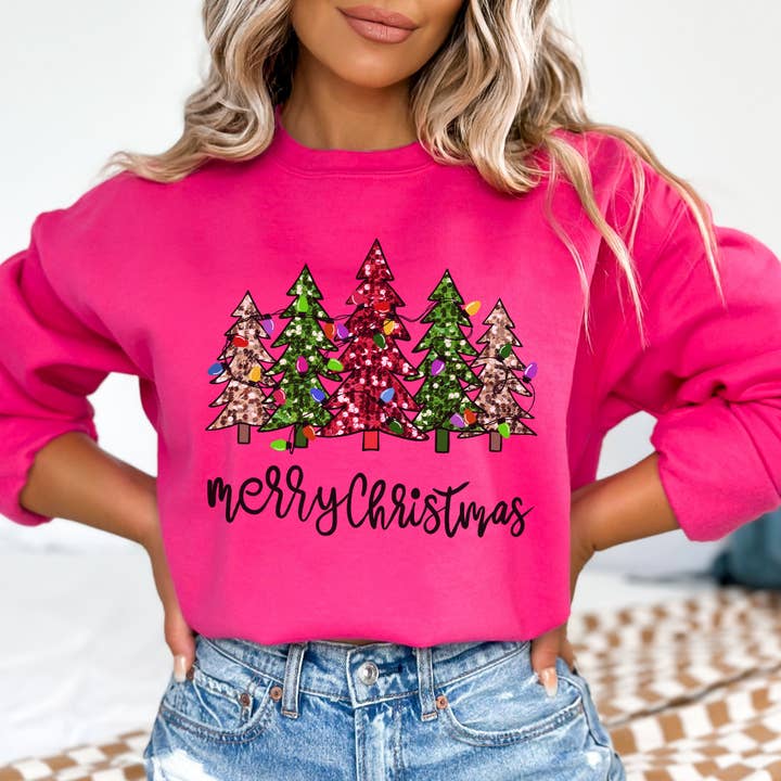 ATTA TOOD LLC - Wholesale Graphic Sweatshirt - Women's - Merry Christmas women's sweatshirt, Sparkling trees, Top