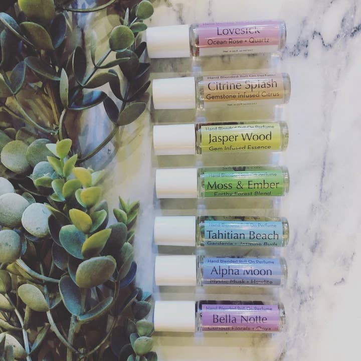 Roll On Perfume Aroma Infused with Gemstones for wholesale by Halo Artisan Skin Care