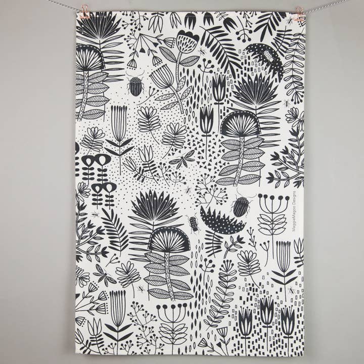 Tea towel - monochrome floral (white) for wholesale by Maggie Magoo Designs