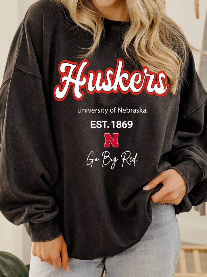 LivyLu - Wholesale Graphic Sweatshirt - Unisex - Nebraska Huskers Letterman Charcoal Chrome Sweatshirt