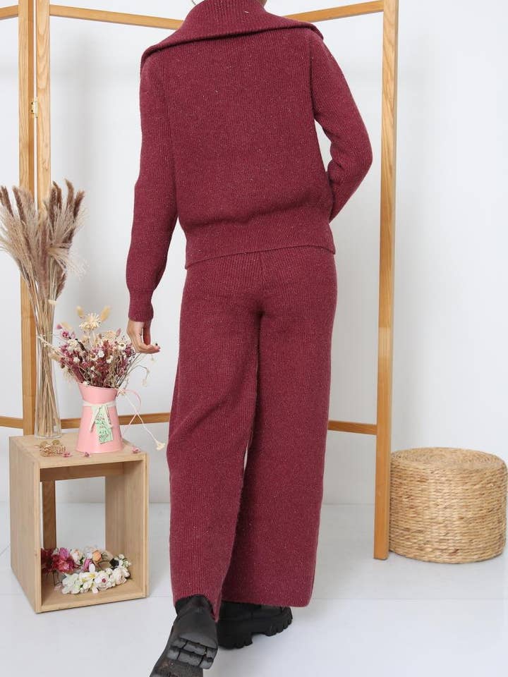 DIX-ONZE - Wholesale Top & Pant Set (NOT Loungewear) - Women's - Zipped Knit Set – Wide Collar Jacket & Straight Pants22