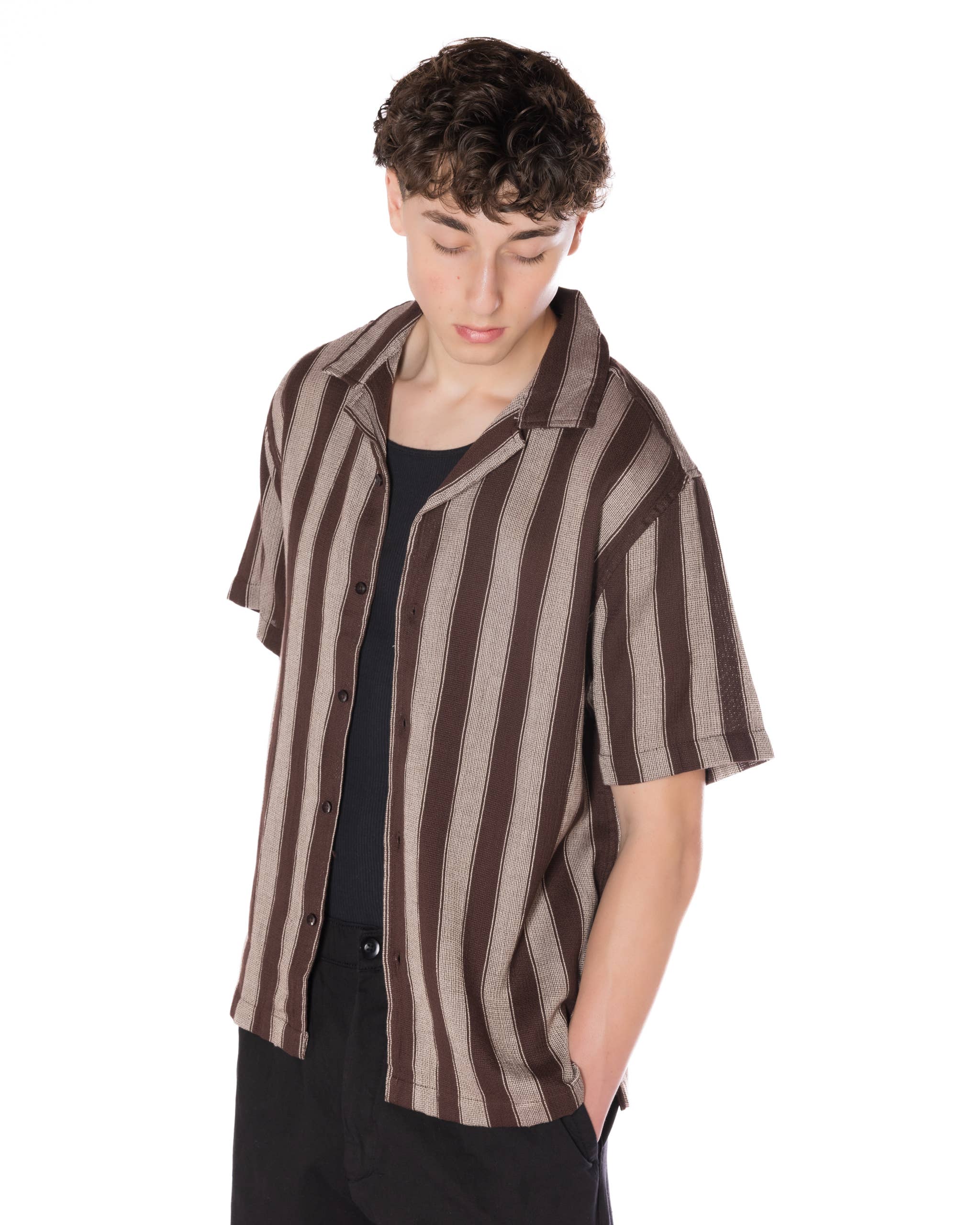 Marron #3 Chemise à rayures texturées pour hommes [HF-3300-Brown #3]  en vente sur Faire3
