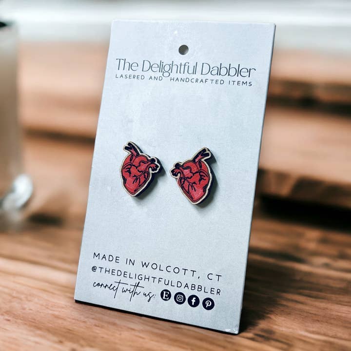 Anatomical Human Heart Wood Stud Earrings for wholesale by The Delightful Dabbler LLC
