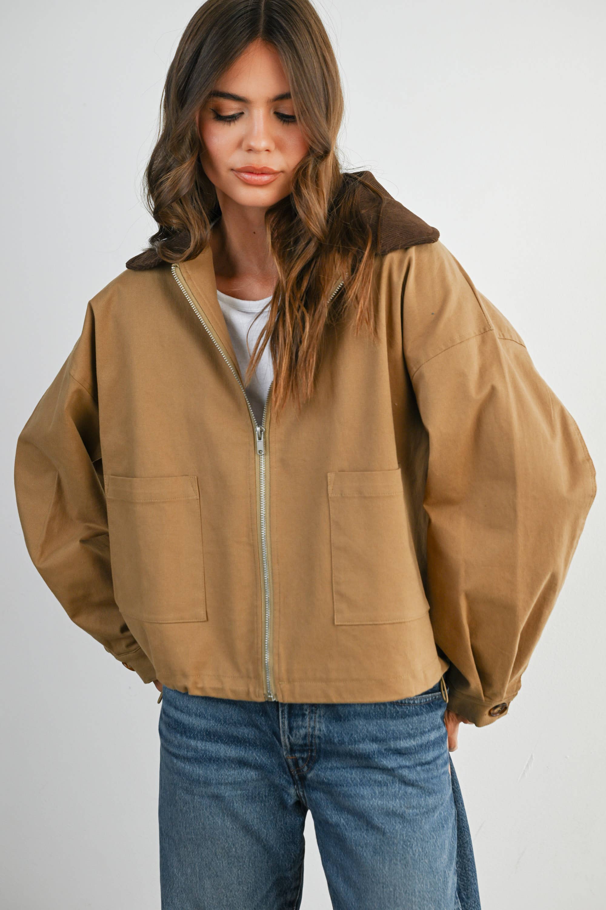 BUTTERMELON - Wholesale Jacket - Women's - Collared Zip-Up Drawstring Jacket - BMJ782516