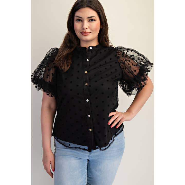 PLUS SIZE DOT MESH KNIT SHIRT WITH PUFF SLEEVE for wholesale by The Curve LA