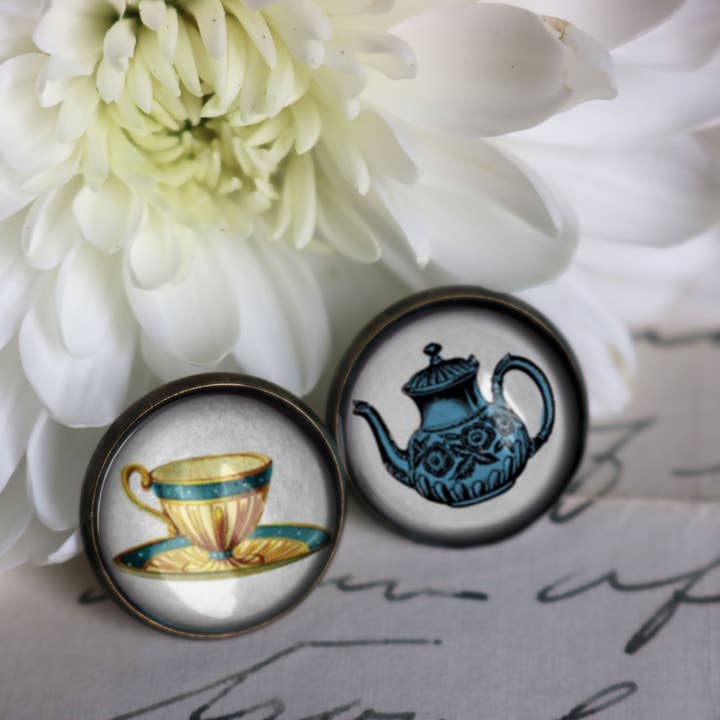The Divine Iguana - Wholesale Stud/Post Earrings - Blue Teacup and Teapot Steampunk Victorian Stud Earrings