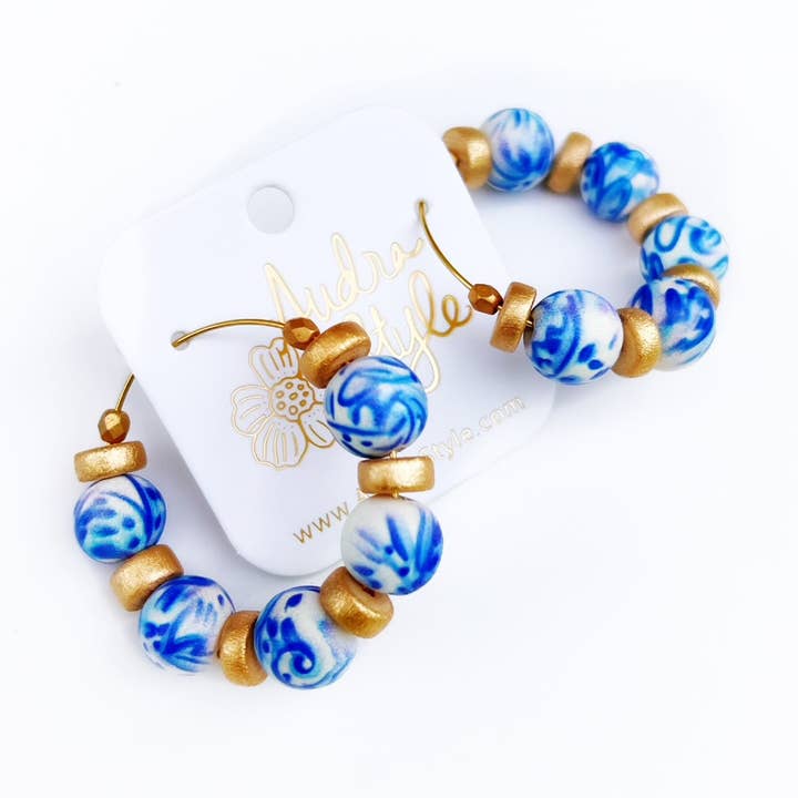 Beaded Hoop Earring Blue and White Chinoiserie Spring Statement Jewelry for wholesale by Audra Style