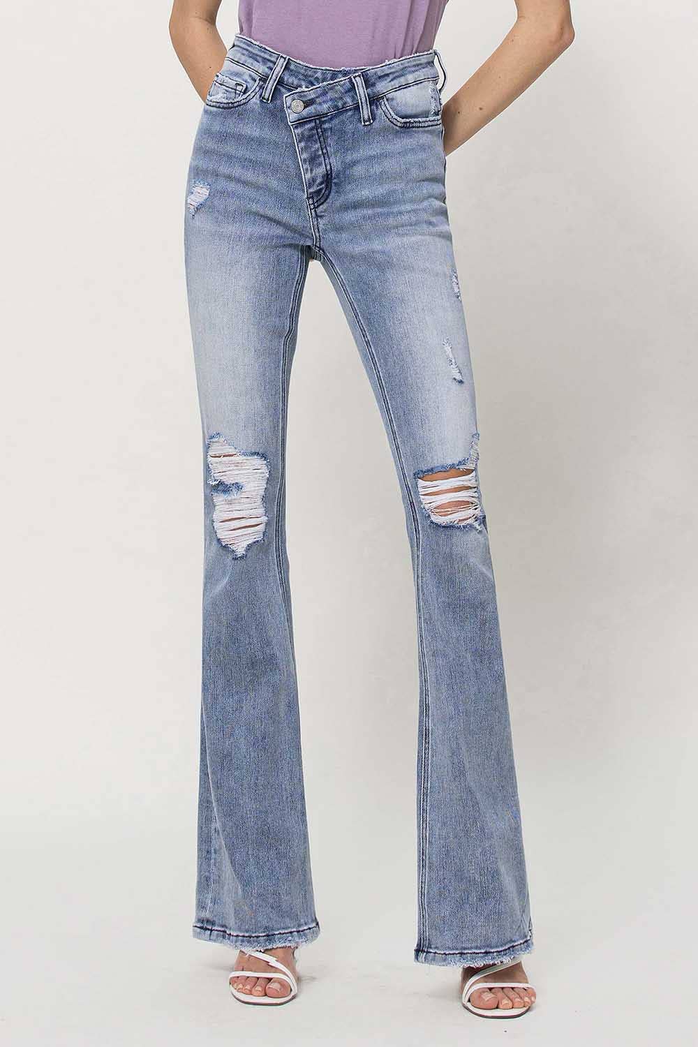 DANNY HIGH RISE CRISS CROSS BUTTON UP FLARE JEANS V3032 for wholesale on Faire1