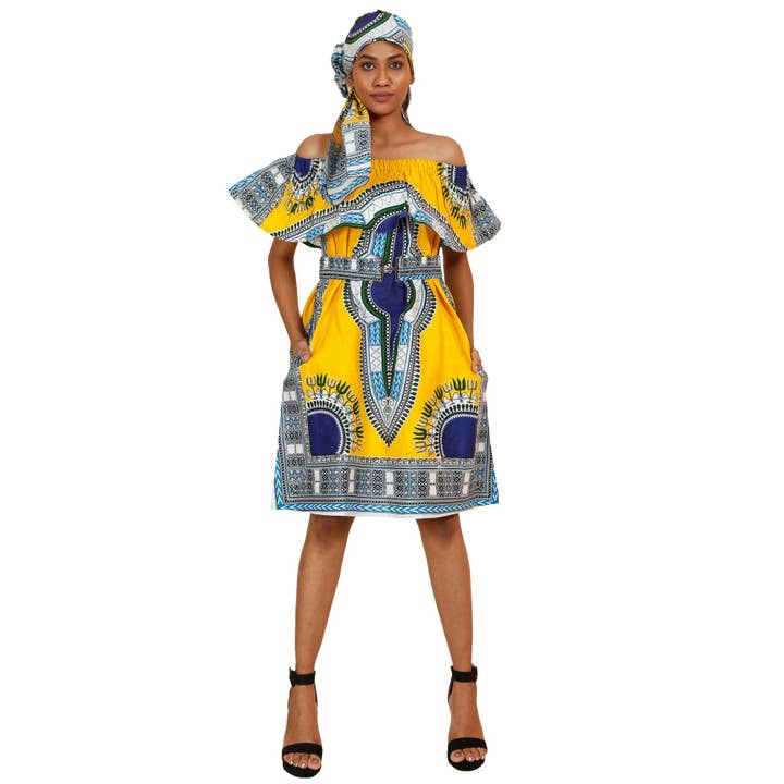 Women's Dashiki Off Shoulder Short Dress with Belt - FI-D3015 for wholesale by African Stars