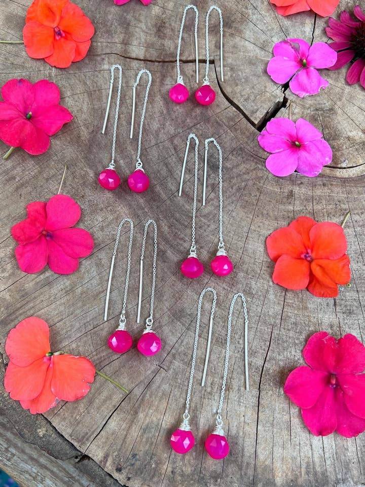 STERLING Threader earrings //HOT PINK CHALCEDONY for wholesale by Wingostarrjewelry