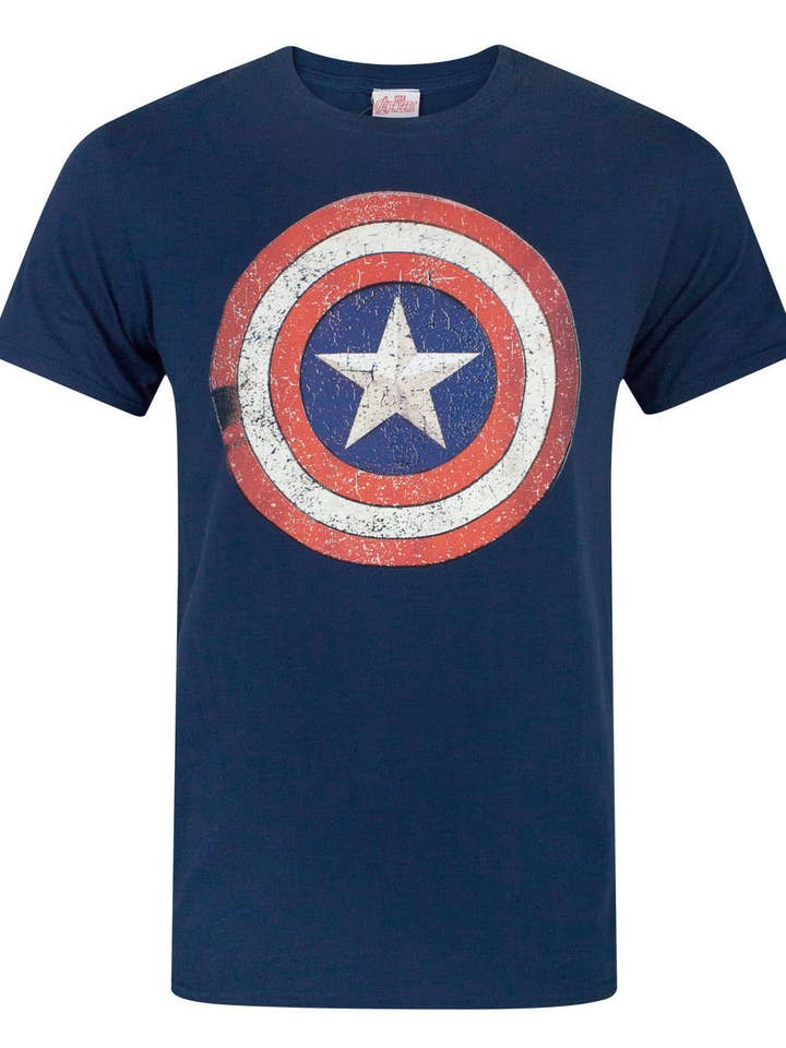 Marvel Heren Blauwe Captain America Versleten Schild Grafisch Korte Mouwen T-Shirt voor wholesale door Vanilla Underground