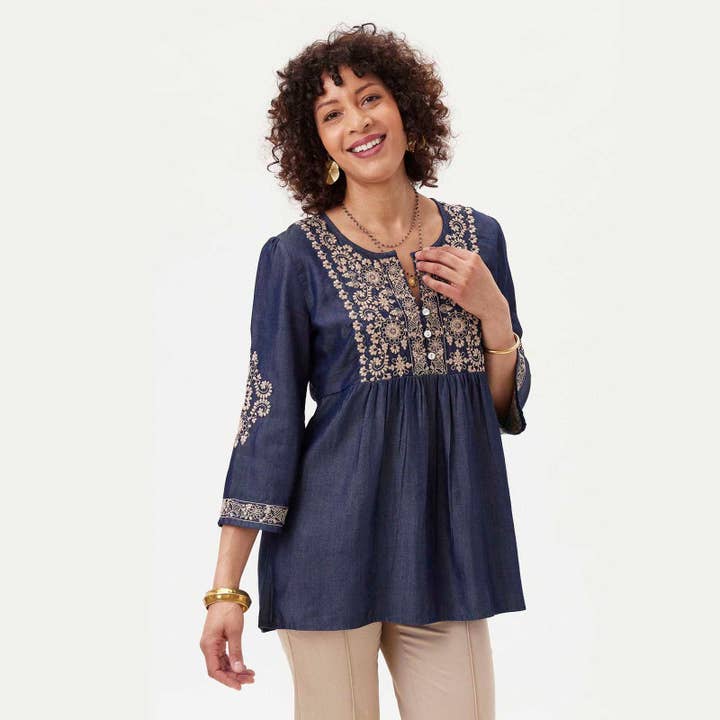 rockflowerpaper - Wholesale Tunic - Women's - DENIM TENCEL Tunic with Tan Embroidery