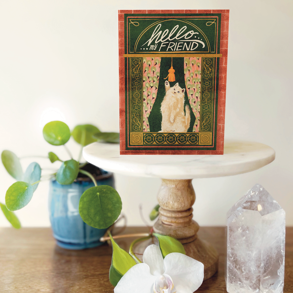 Folk Meadow - Wholesale Friendship Card - Hello Friendly Cat Greeting Card2