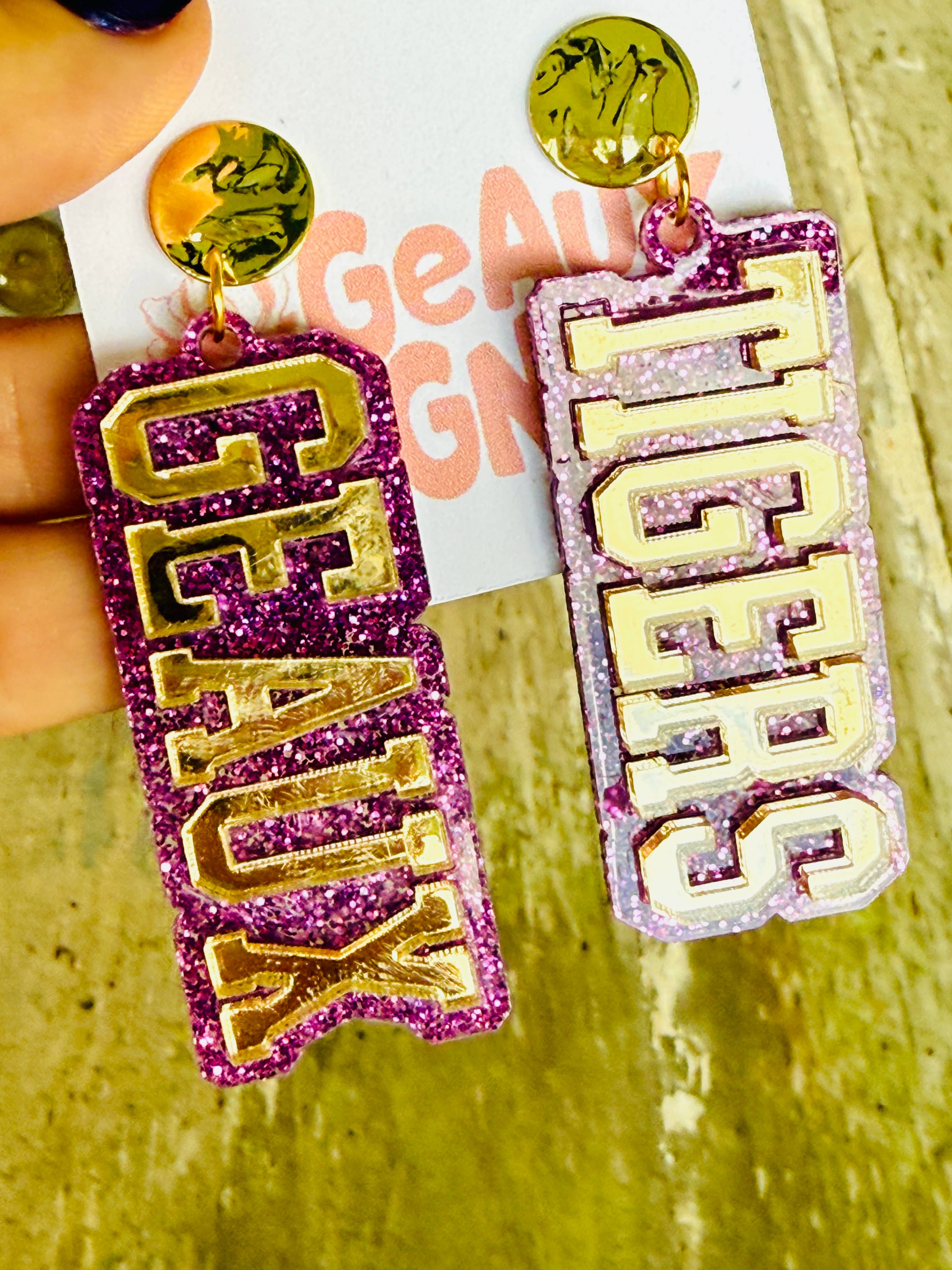 Geaux Magnolia – wholesale Hängande örhängen – Geaux Tigers Lager-på-lager Spegel & Glitter Dinglande Örhängen LSU2