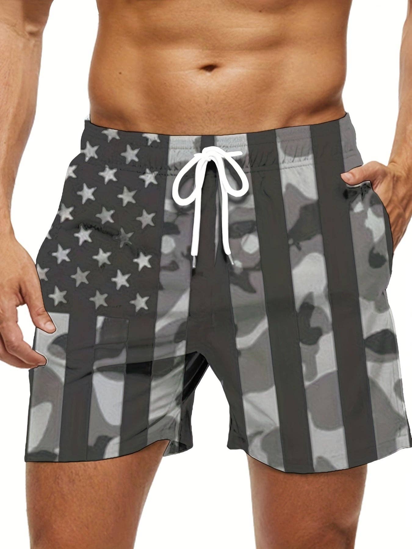 SWIMFA – Engroshandel Badeshorts – Mænd – 3003 Herre Sommer Casual Shorts - Amerikansk Flag & Ørn Patriotisk Print, Sort & Hvid Kontrastdesign, Almindelig Pasform, Maskinvaskbar3