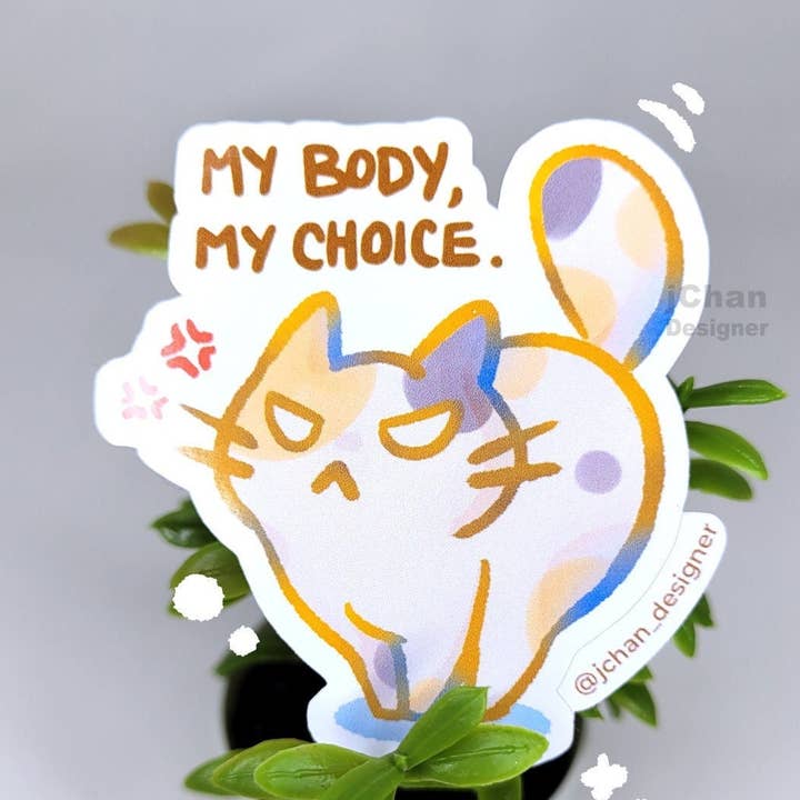 Angry Calico Cat Sticker, Mad Kitten Drawing, Animal My Body My Choice, Pro Choice Quote, Free Shipping CA for wholesale by jChan Designer