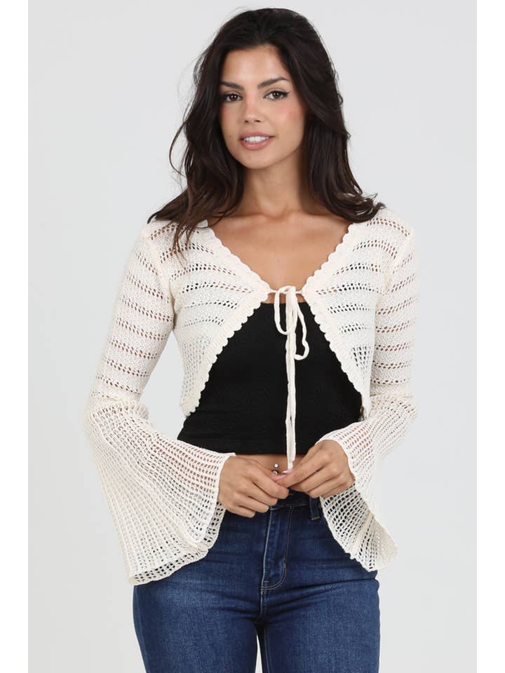 ANGIE - Wholesale Knit Sweater - Women's - XHQ87-ASIS FLARE SLEEVE TIE FRONT CROP CROCHET CARDIGAN