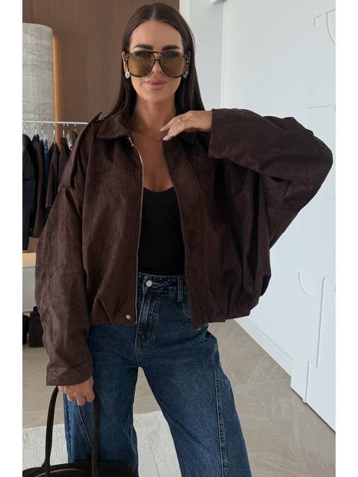 Chocolate Anika Oversized Suede Bomber Jacket-Chocolate for wholesale on Faire