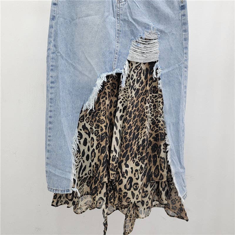 Sanyao Fashion – wholesale Skirt – Women’s – M212 Leopard Patchwork Denim Skirt with Frayed Hem4