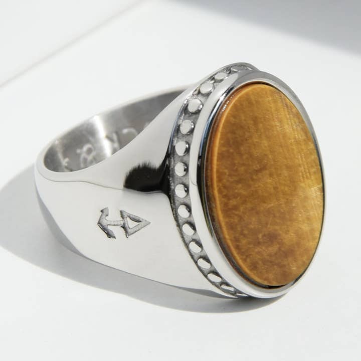 Anel clássico de aço inoxidável com pedra oval de olho de tigre por atacado de ROCK & STEEL