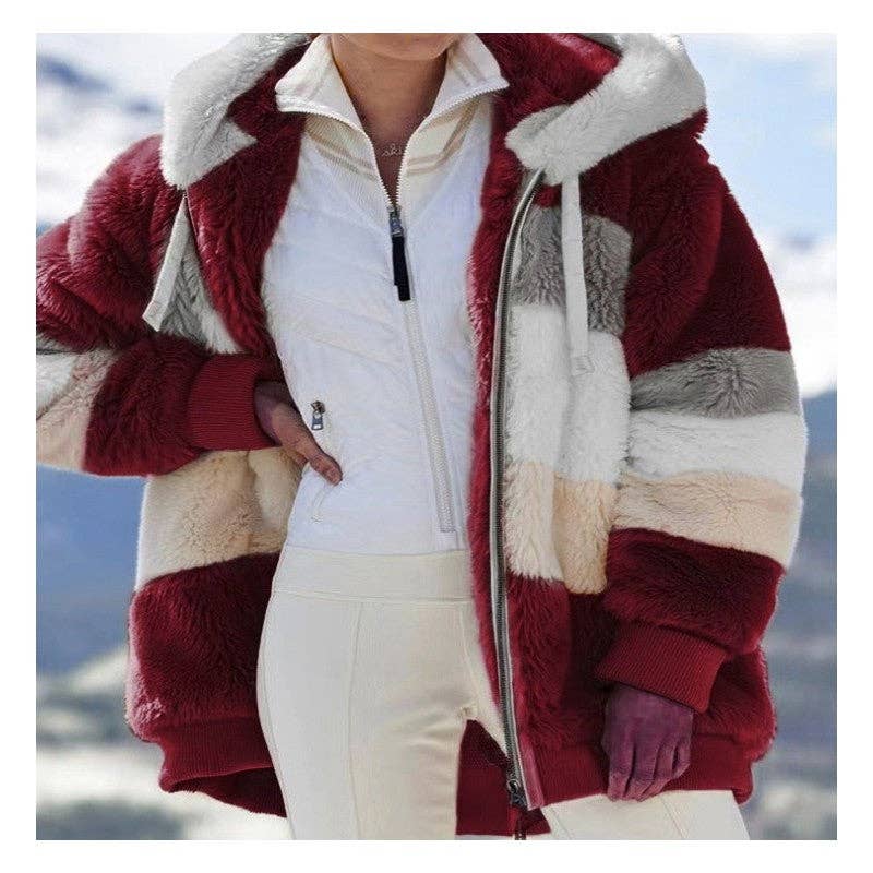 Ekartini - Vendita all'ingrosso Pelliccia/Pelliccia sintetica - Donna - Giacca invernale da donna alla moda in peluche patchwork con tasca con cerniera Giacca invernale con cappuccio Cappotto a maniche lunghe allentato retrò7