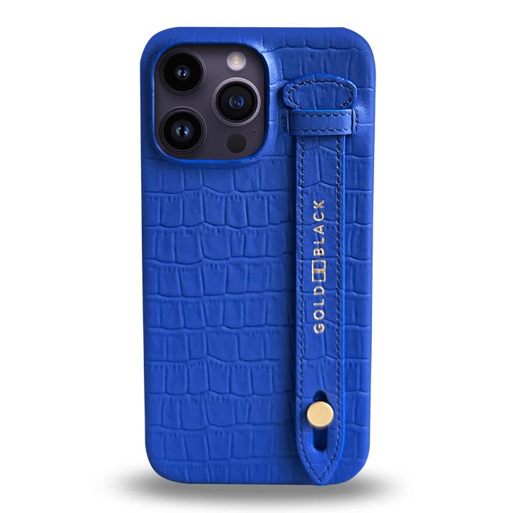 iPhone 14 Pro Max slank læderetui med krokodille print blå med finger loop for engroshandel hos GOLDBLACK