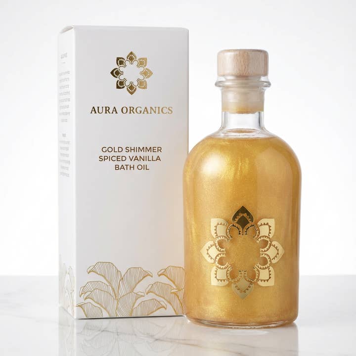 Gold Shimmer Organic Bath Oil for wholesale by Aura Organics Ltd