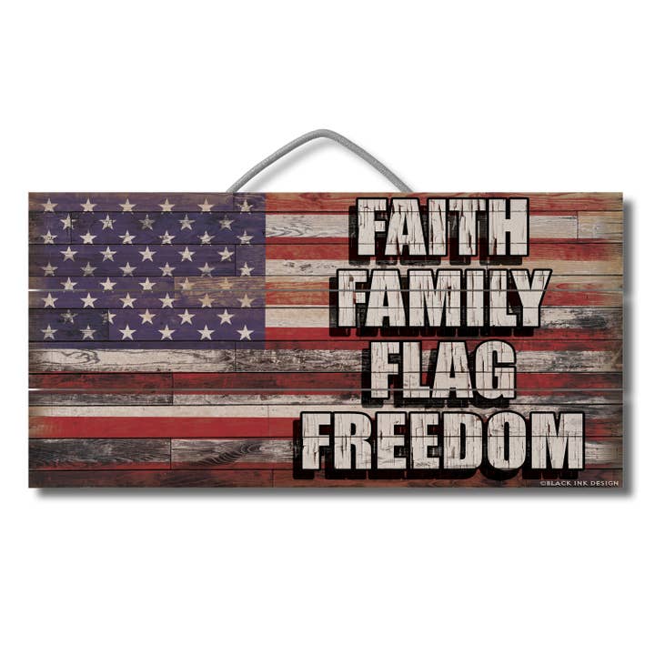 "Faith Family Flag" Pallet Wood Sign 12" x 6" for wholesale by Conimar Promotions