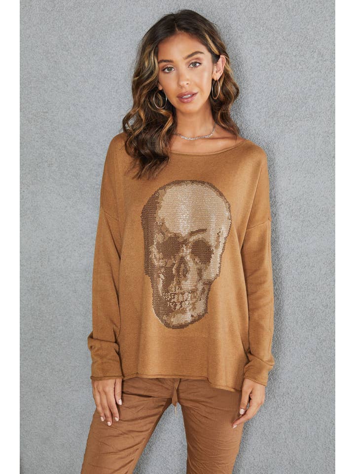 Kamel RHINESTONE SKULL LÅNGÄRMAD TOPP (8035-1901-SKULL) för wholesale på Faire