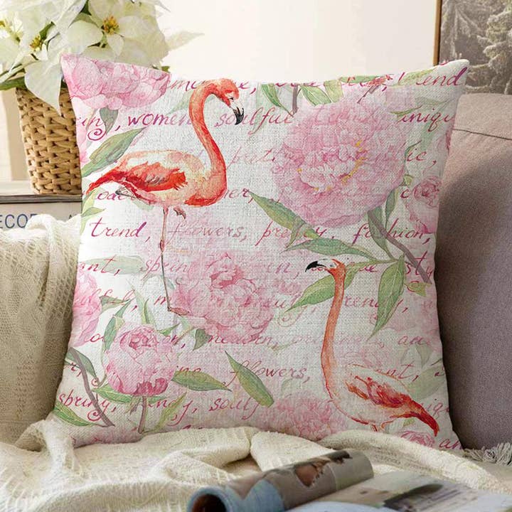 Housses de coussin sur le thème des flamants roses et des fleurs roses pour la vente par OyzShop