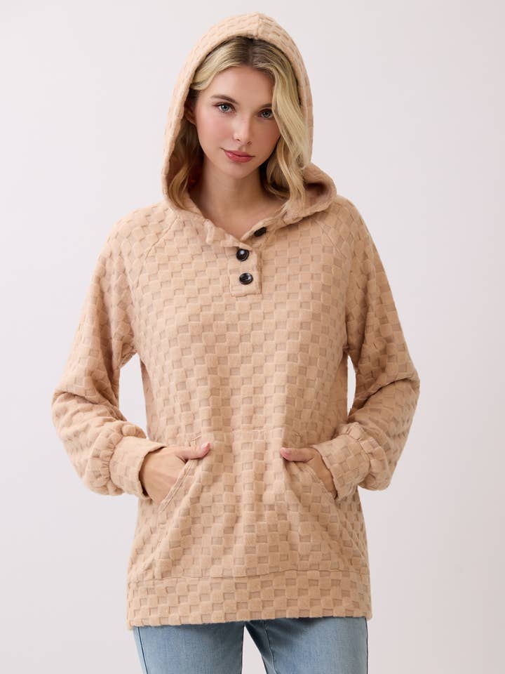 Soft Checkered Textured Button Front Hoodie T6132 for wholesale by 7th Ray