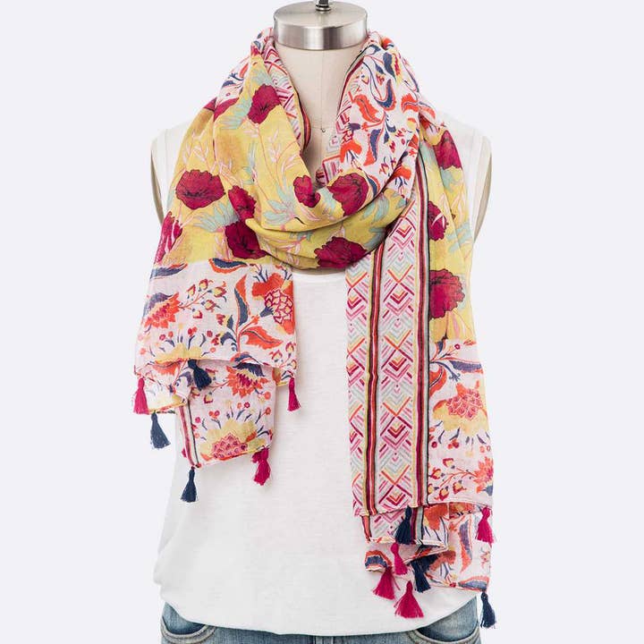 Artini Accessories - Wholesale Scarf - Women's - Mix Flower Print Large Tassel Scarf