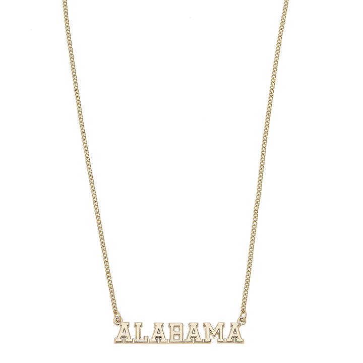 Alabama Crimson Tide Varsity Outline Necklace in Shiny Gold for wholesale by Canvas Style