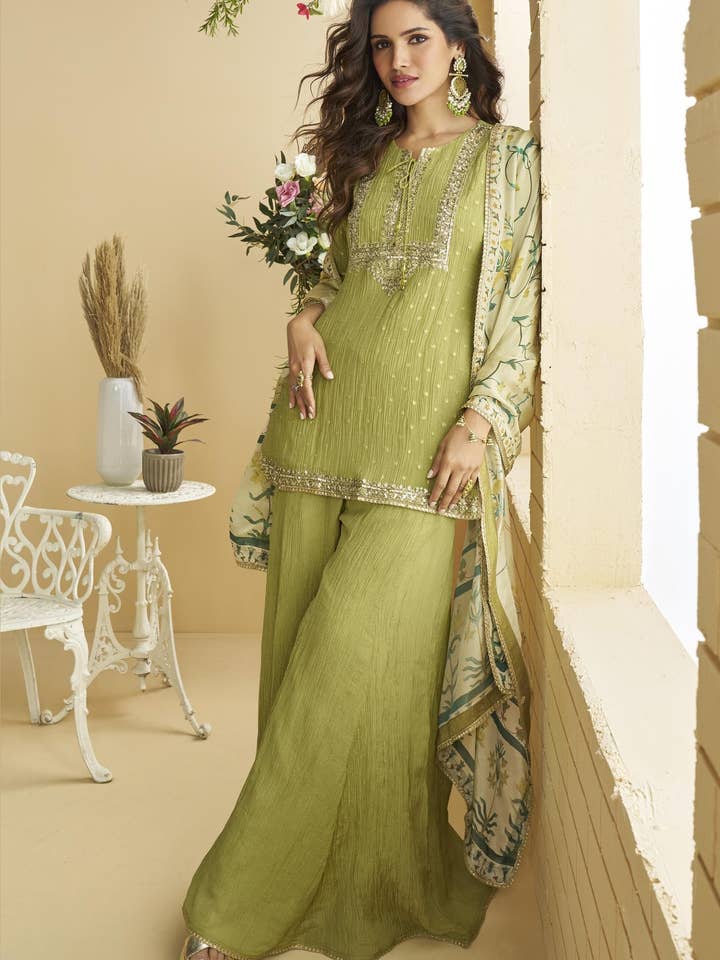 Green Chinon Silk Plazo Suit For Indian & Pakistani Wedding Festival - Thread & Sequins Embroidery Work, Print Work for wholesale by HATKE BRIDE