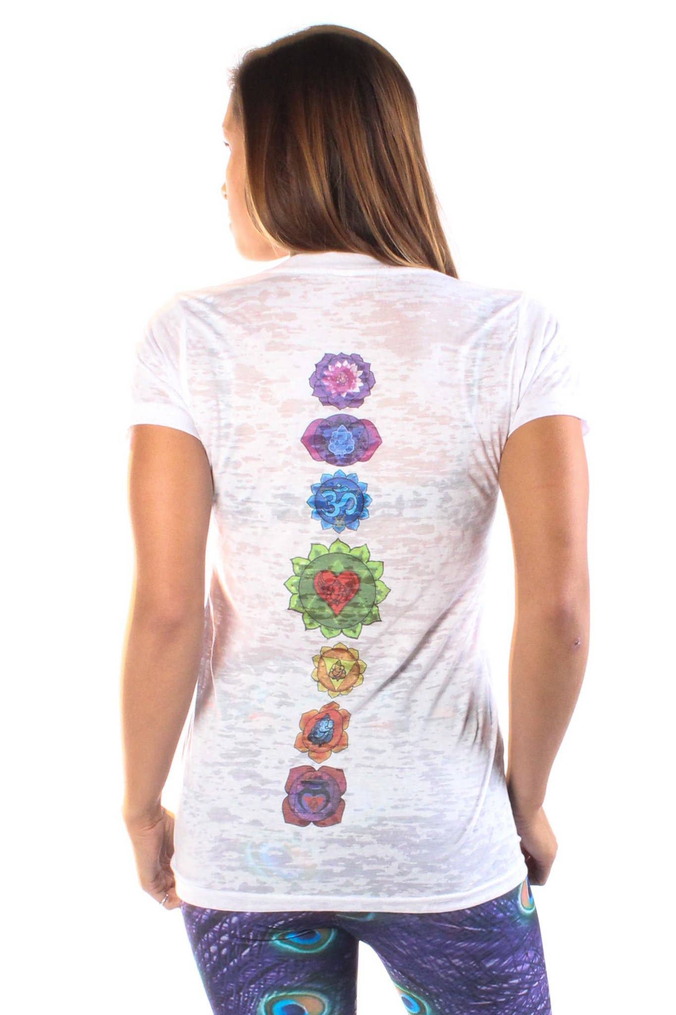 Third Eye Threads - Vente T-shirt sérigraphié – femme - Chakra du cœur sur le devant avec dos plein Chakra sur le col bateau Burnout Crew2