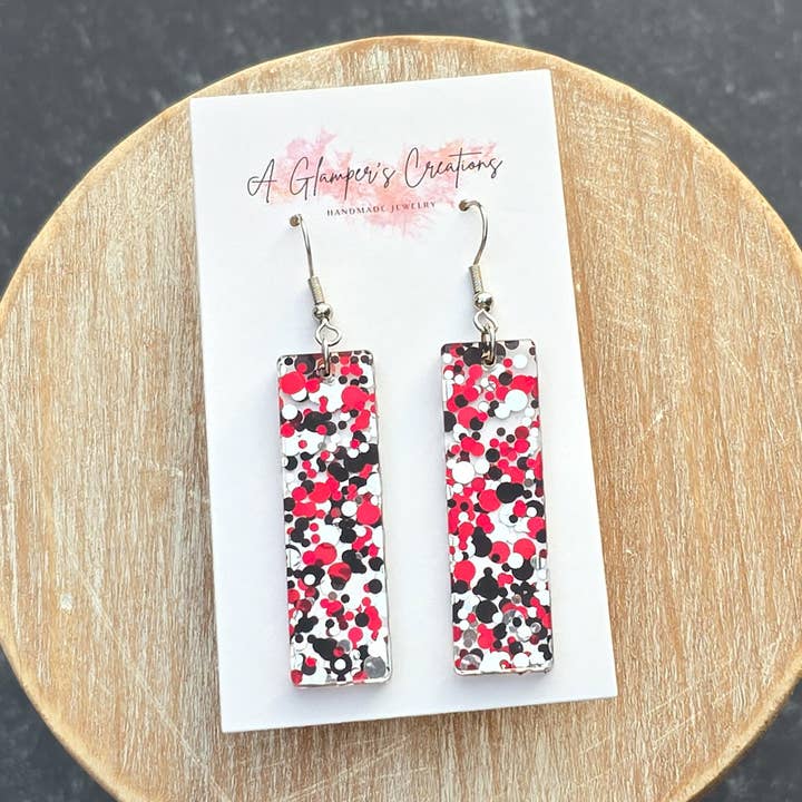 Red, Black, Silver Polka Dots Acrylic Bar Gameday Earrings for wholesale by A Glamper's Creations LLC