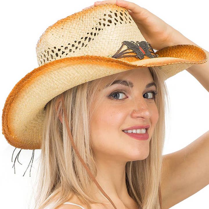 TAN Butterfly Emblem Waxed String Belt Straw Cowboy Hat for wholesale on Faire