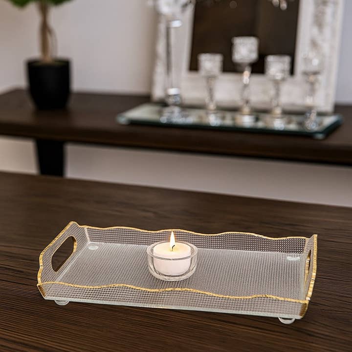 AULICA - Wholesale Serving Tray - Rectangular tray with gold edge in glass 38x17.5x9.5cm2