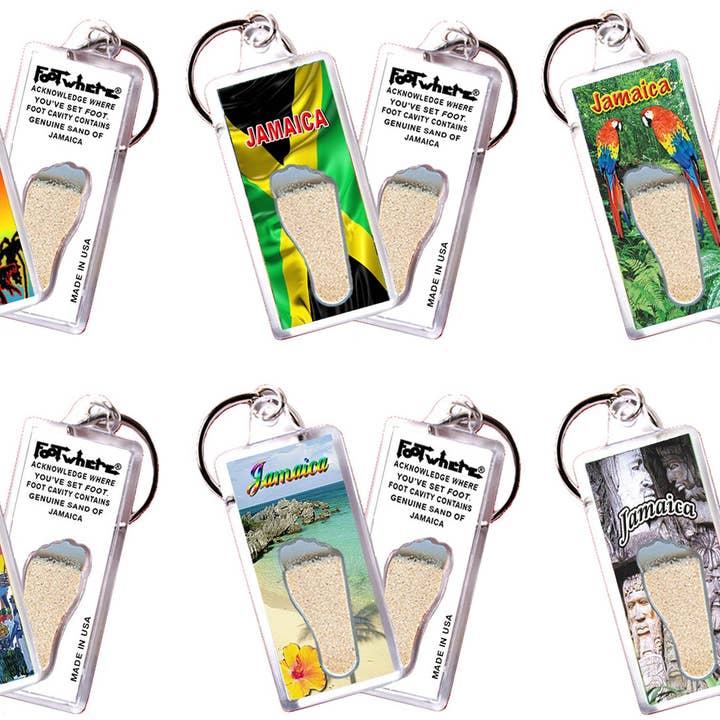 Jamaica FootWhere® Souvenir Keychain. 72 pieces/6 assorted styles. for wholesale by FootWhere- USA Group, Inc.