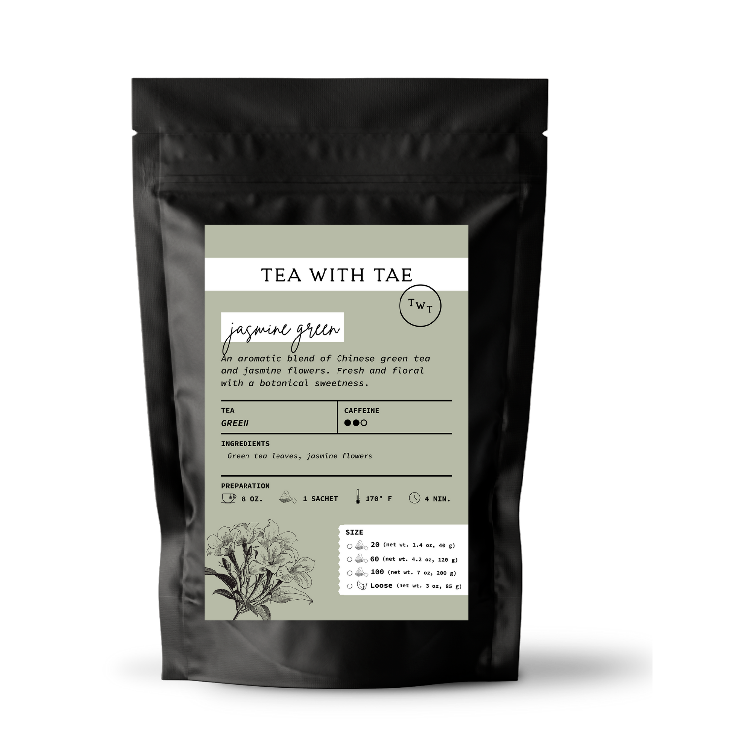 Tea with Tae - Wholesale Tea Bags - Jasmine Green Tea Pouch (20, 60, or 100 tea bags)3