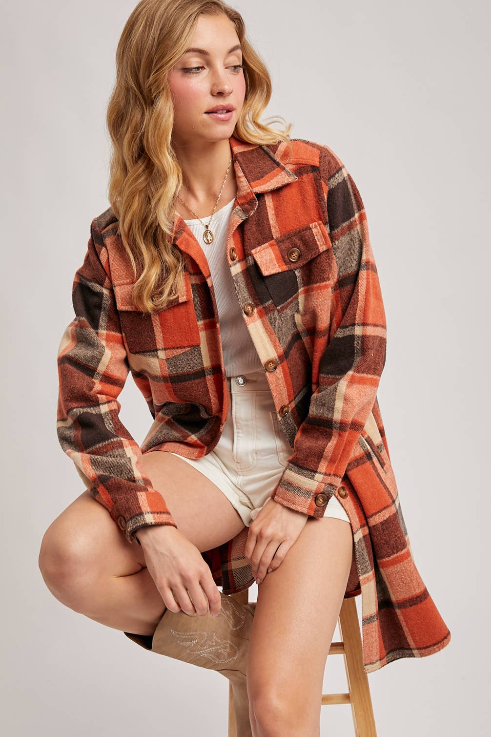 Bluivy – Engroshandel Skjortejakke/shacket – til kvinder – FLANNEL PLAID LANGLINE SHACKET42