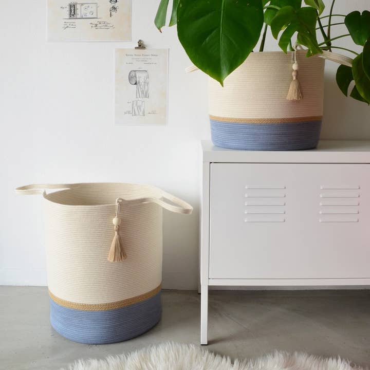 Mia Mélange - Vente Paniers - Panier de plancher - Jute et bleu-gris (pompon)