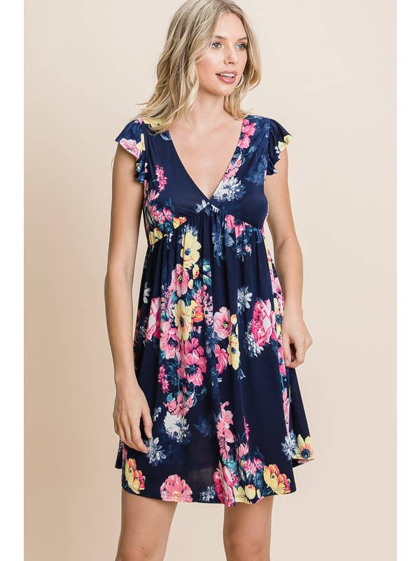 Navy Blue ETK-8495 Floral Swing Dress for wholesale on Faire