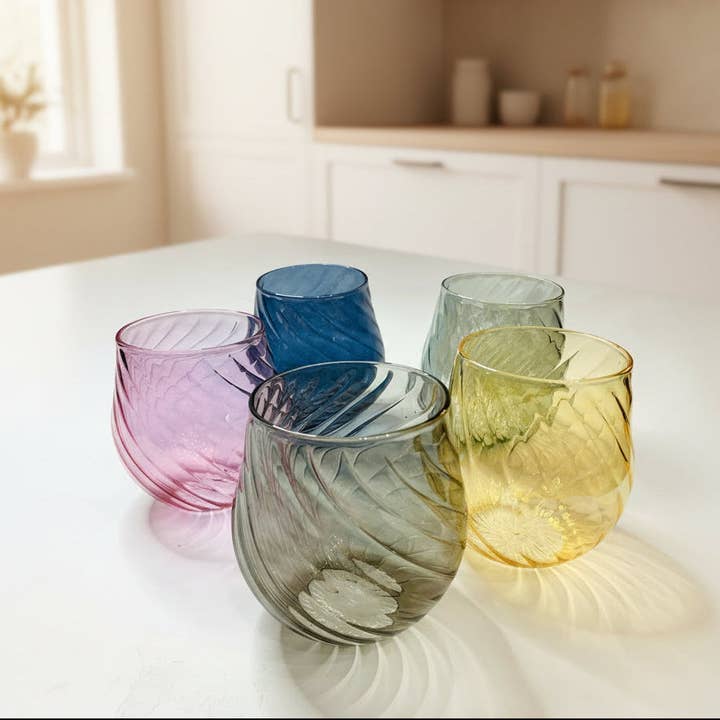 Blown Glass Stemless Glass - Iridescent Tulip Shaped for wholesale by Dandarah (Ships from USA)