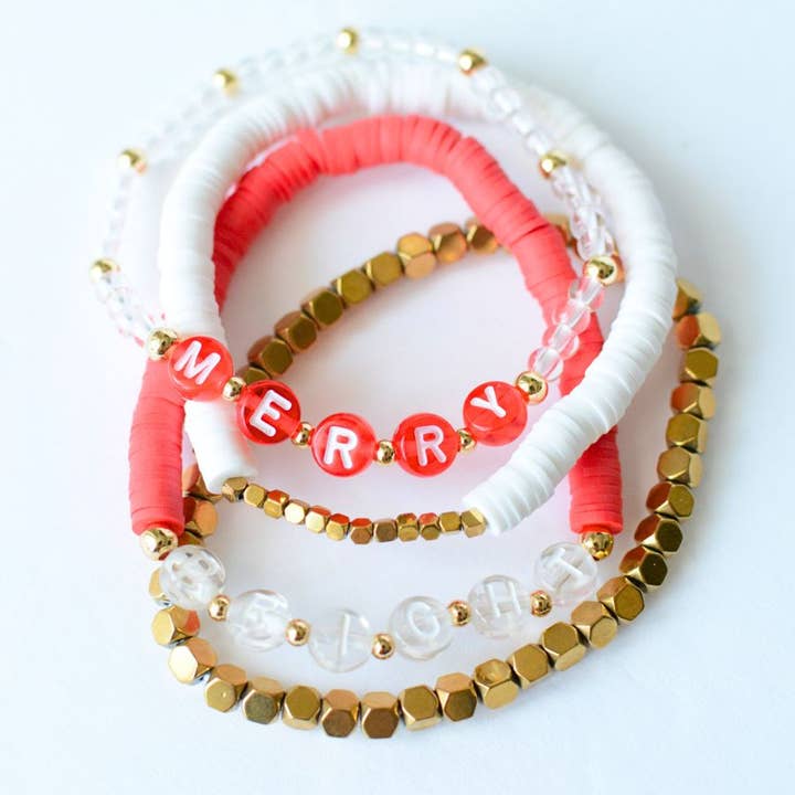 Two and Crew - Wholesale Beaded Bracelet - Merry and Bright Christmas Holiday Red & White bracelet set