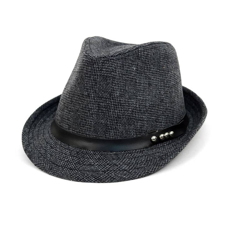 Chapeau Trilby Fedora Automne/Hiver Charcoal avec Cuir Noir pour la vente par Selini New York